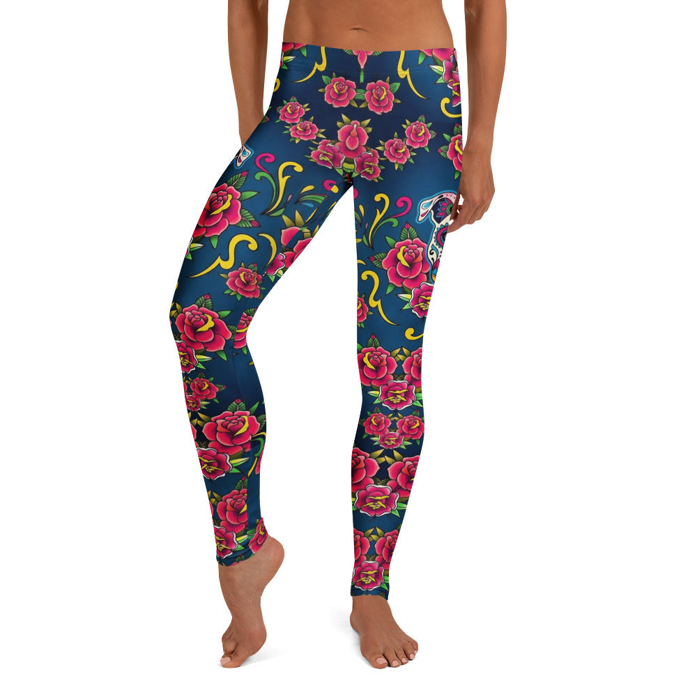 Personalisierte Damen Sportleggings Tattoo Design Rosen Totenkopf Blau Fitness Yoga Leggings E581