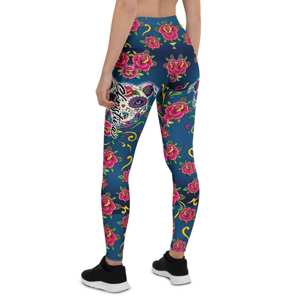 Personalisierte Damen Sportleggings Tattoo Design Rosen Totenkopf Blau Fitness Yoga Leggings E581