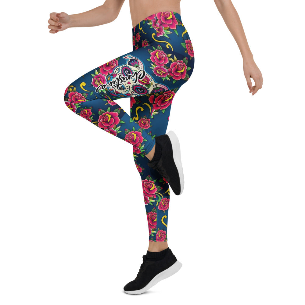 Personalisierte Damen Sportleggings Tattoo Design Rosen Totenkopf Blau Fitness Yoga Leggings E581