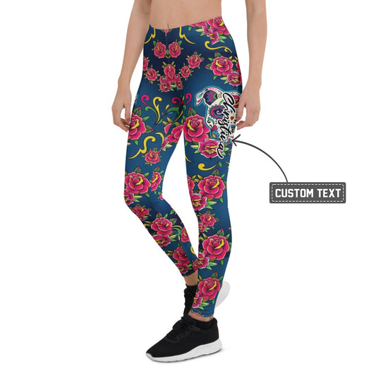 Personalisierte Damen Sportleggings Tattoo Design Rosen Totenkopf Blau Fitness Yoga Leggings E581 - XL
