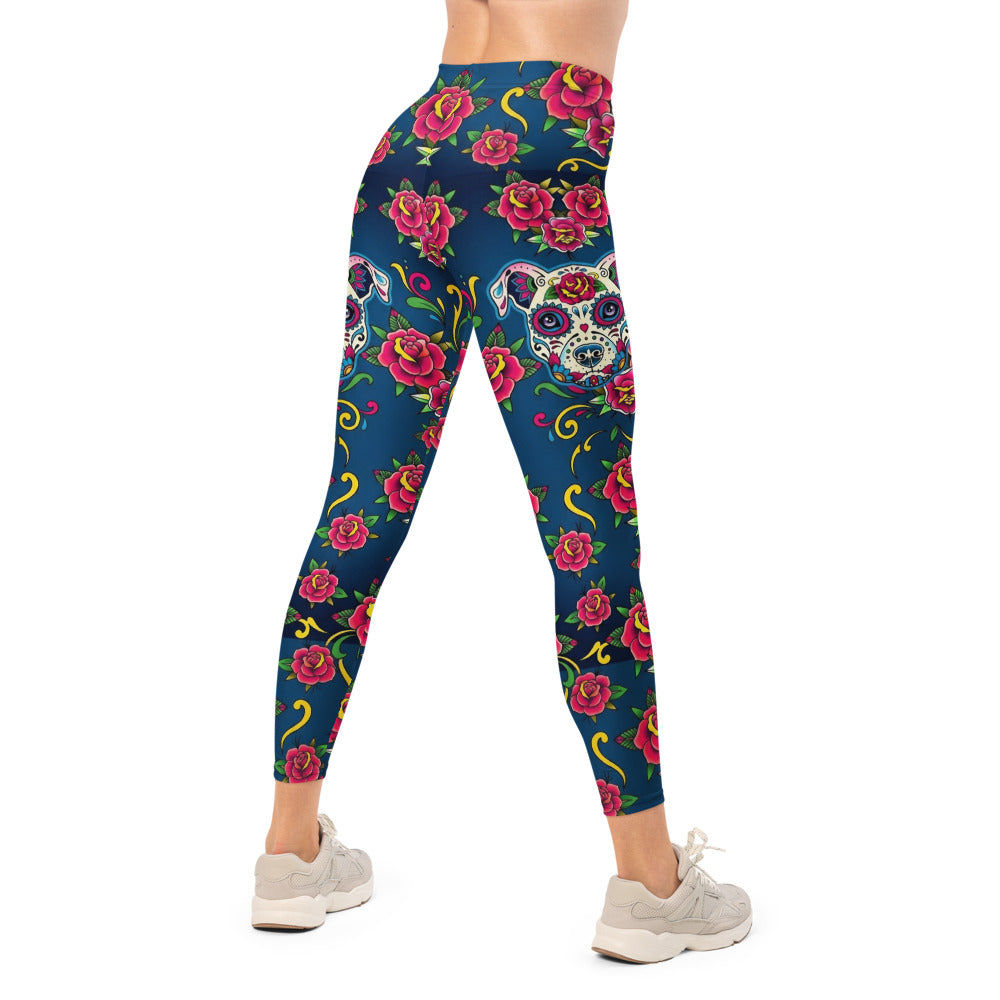 Personalisierte Damen Sportleggings Tattoo Design Rosen Totenkopf Blau Fitness Yoga Leggings E581