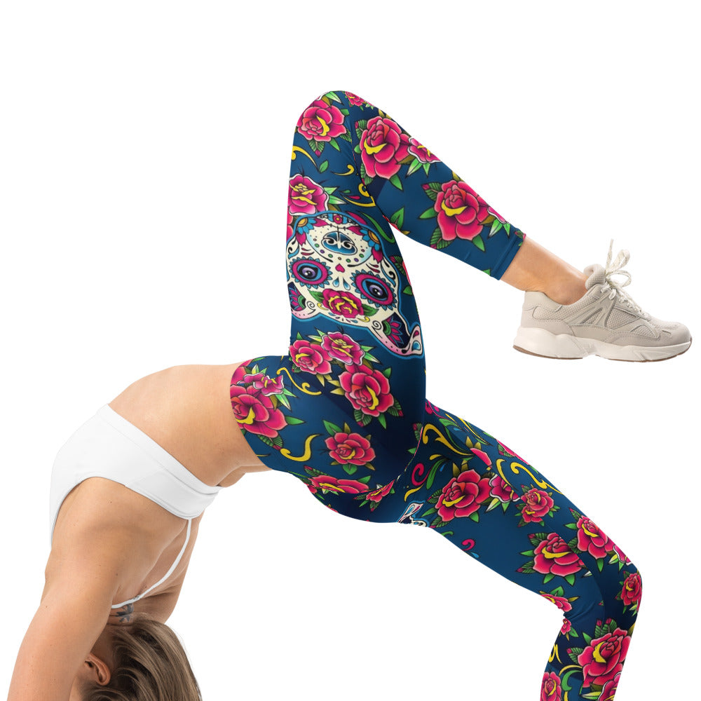 Personalisierte Damen Sportleggings Tattoo Design Rosen Totenkopf Blau Fitness Yoga Leggings E581