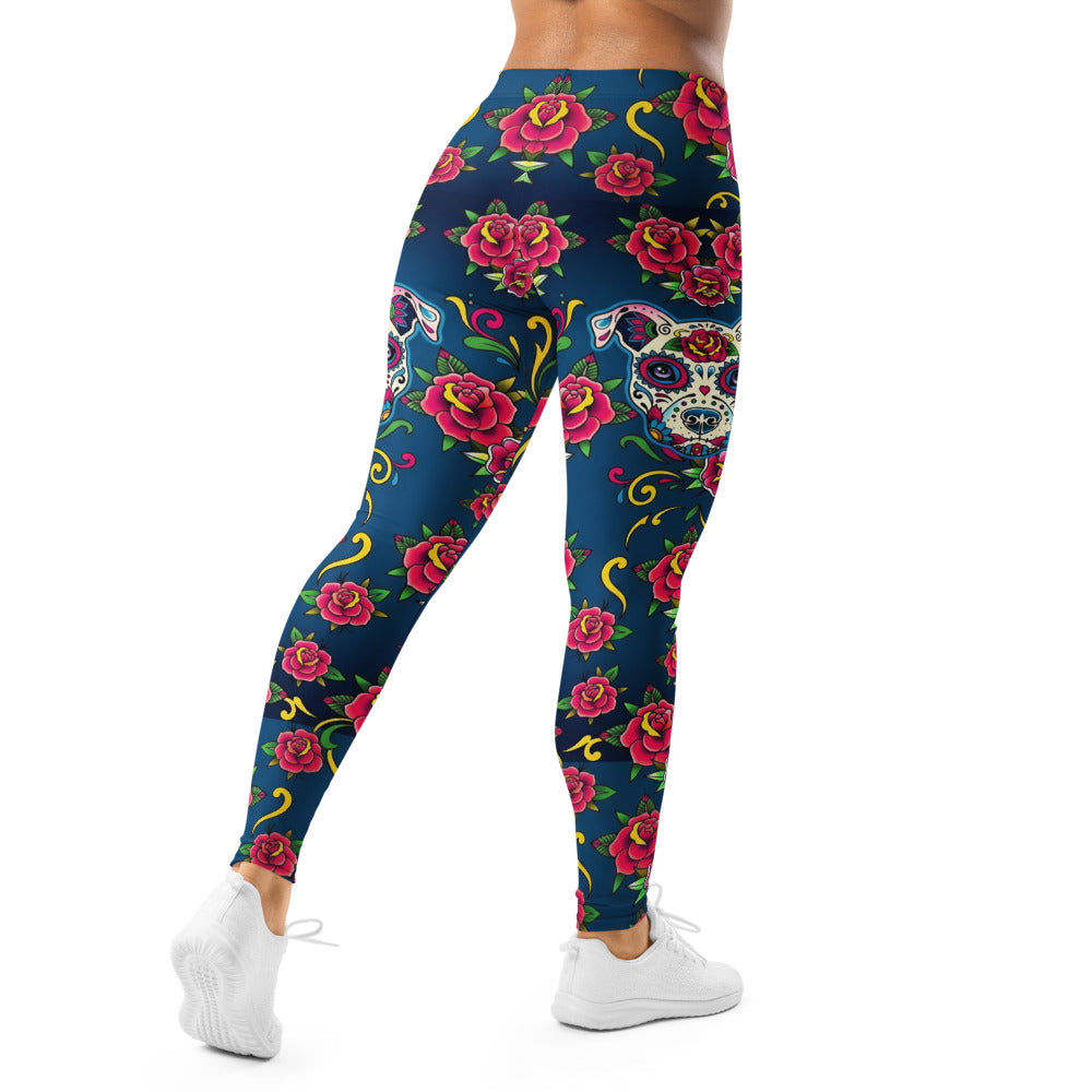 Personalisierte Damen Sportleggings Tattoo Design Rosen Totenkopf Blau Fitness Yoga Leggings E581