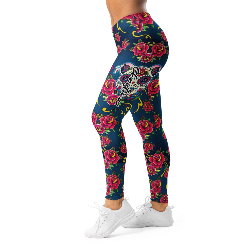 Personalisierte Damen Sportleggings Tattoo Design Rosen Totenkopf Blau Fitness Yoga Leggings E581