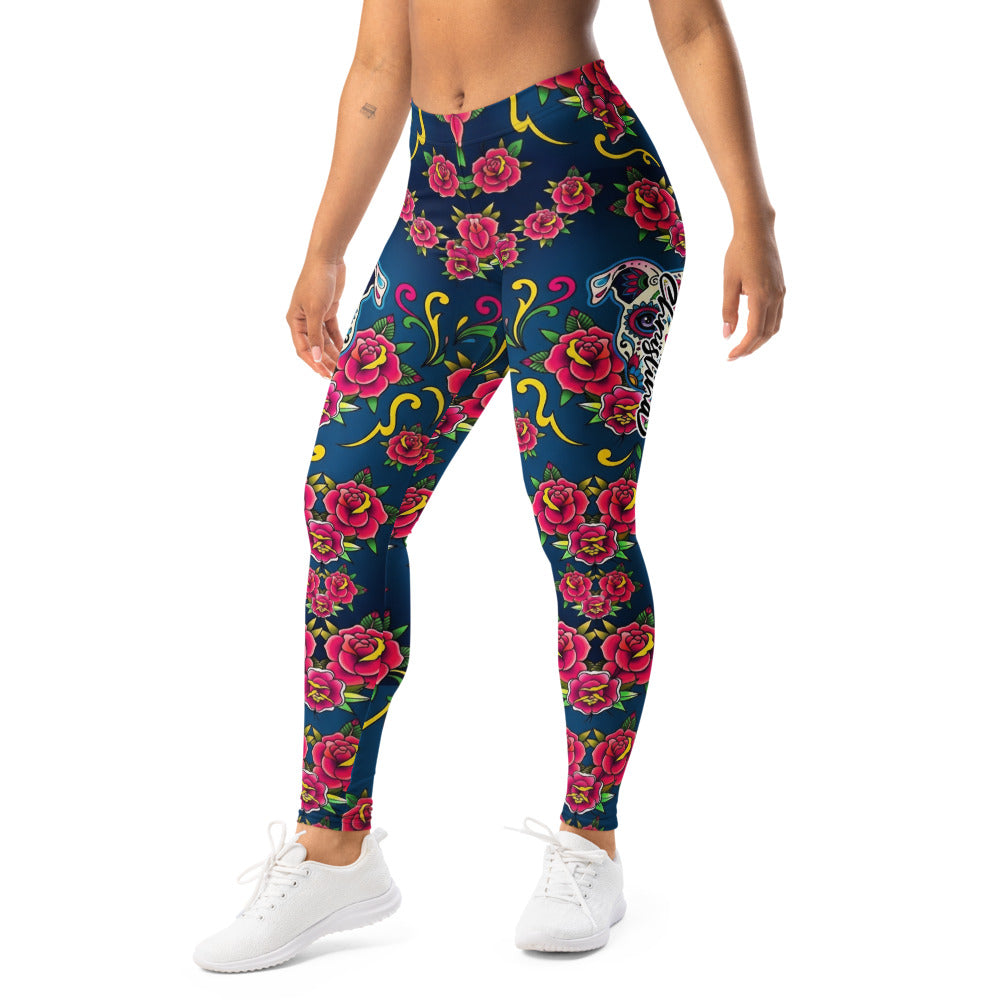 Personalisierte Damen Sportleggings Tattoo Design Rosen Totenkopf Blau Fitness Yoga Leggings E581