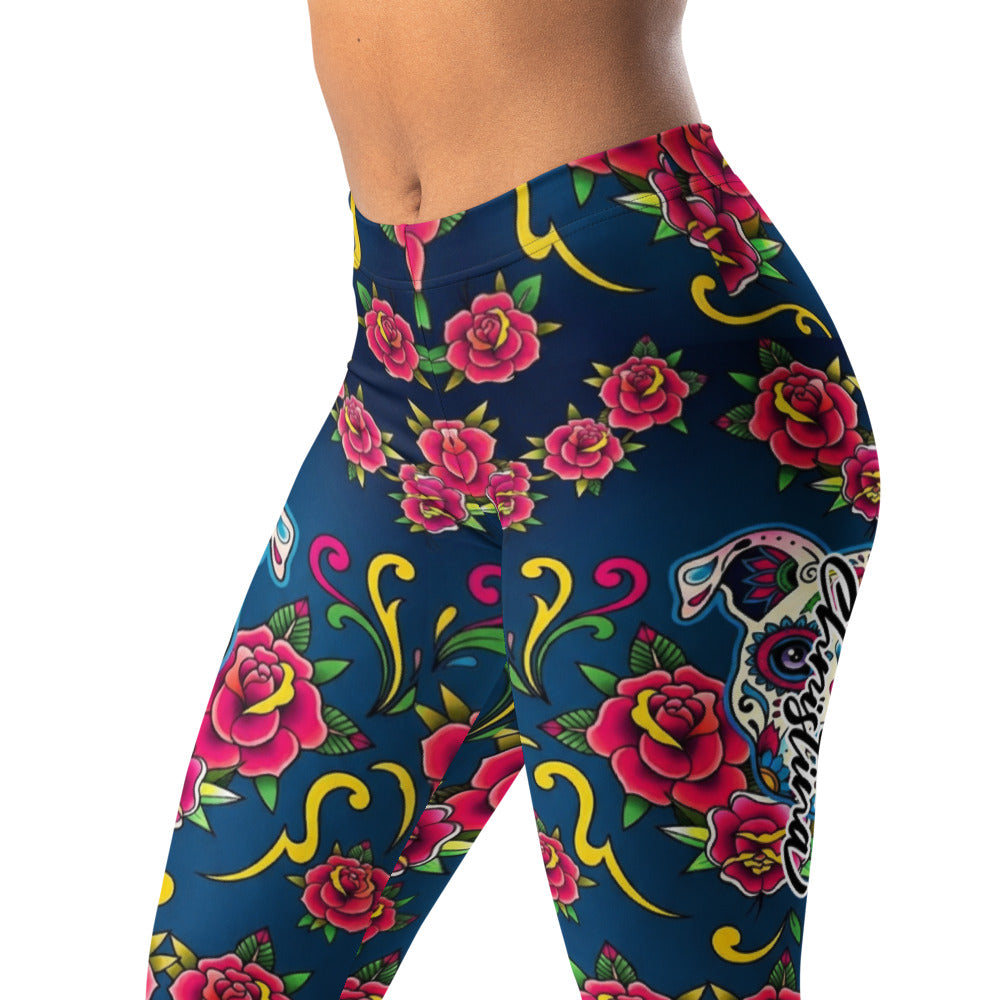 Personalisierte Damen Sportleggings Tattoo Design Rosen Totenkopf Blau Fitness Yoga Leggings E581