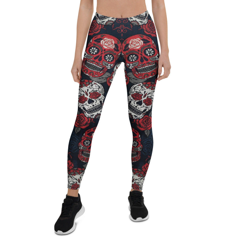 Personalisierte Damen Sportleggings Totenkopf Rosen Design Sugar Skull Fitnesshose Schwarz Rot L034