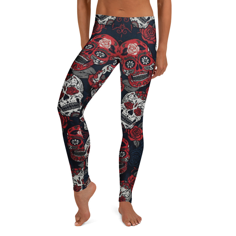 Personalisierte Damen Sportleggings Totenkopf Rosen Design Sugar Skull Fitnesshose Schwarz Rot L034
