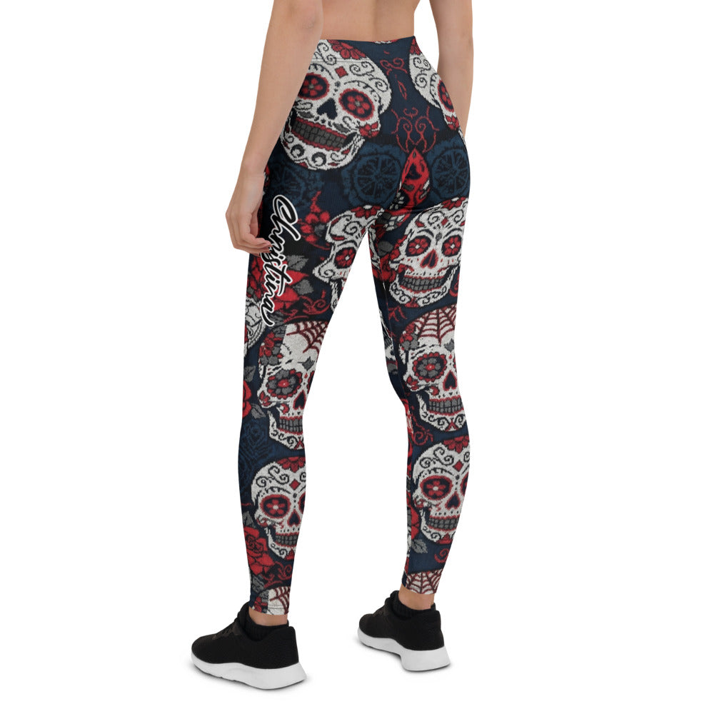 Personalisierte Damen Sportleggings Totenkopf Rosen Design Sugar Skull Fitnesshose Schwarz Rot L034