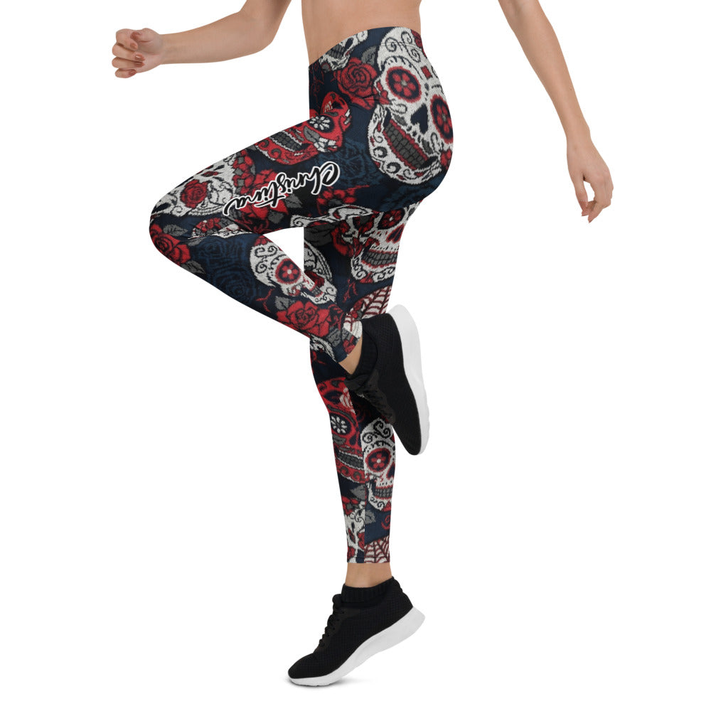 Personalisierte Damen Sportleggings Totenkopf Rosen Design Sugar Skull Fitnesshose Schwarz Rot L034