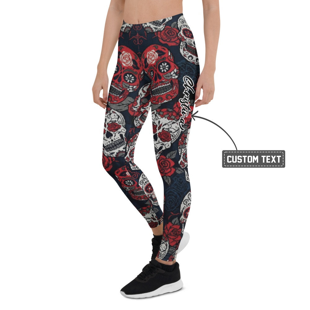 Personalisierte Damen Sportleggings Totenkopf Rosen Design Sugar Skull Fitnesshose Schwarz Rot L034 - XL