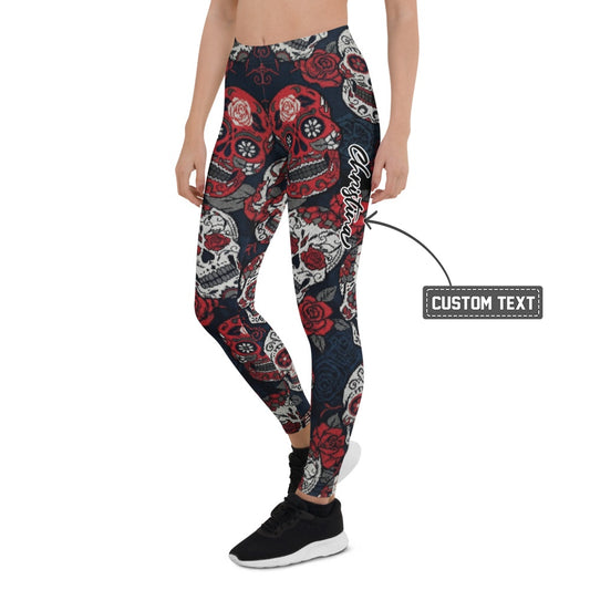 Personalisierte Damen Sportleggings Totenkopf Rosen Design Sugar Skull Fitnesshose Schwarz Rot L034 - XL