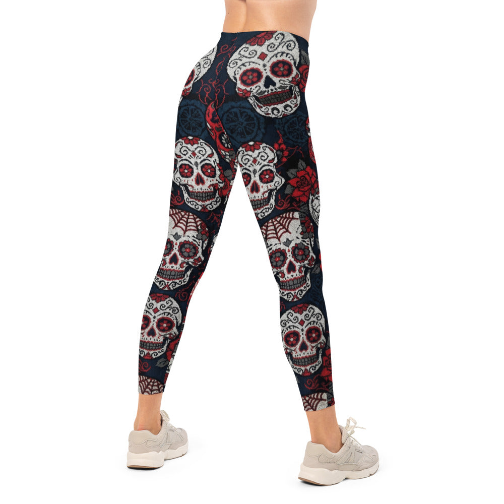 Personalisierte Damen Sportleggings Totenkopf Rosen Design Sugar Skull Fitnesshose Schwarz Rot L034