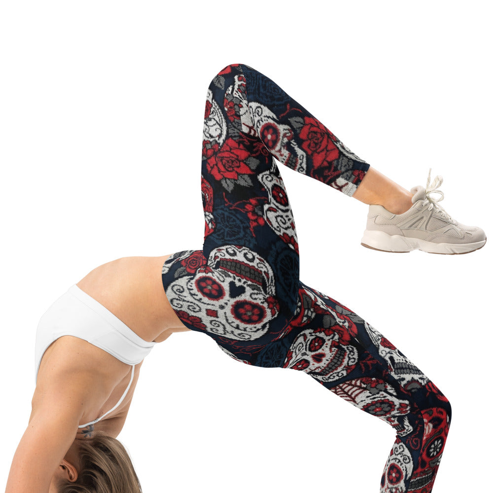 Personalisierte Damen Sportleggings Totenkopf Rosen Design Sugar Skull Fitnesshose Schwarz Rot L034