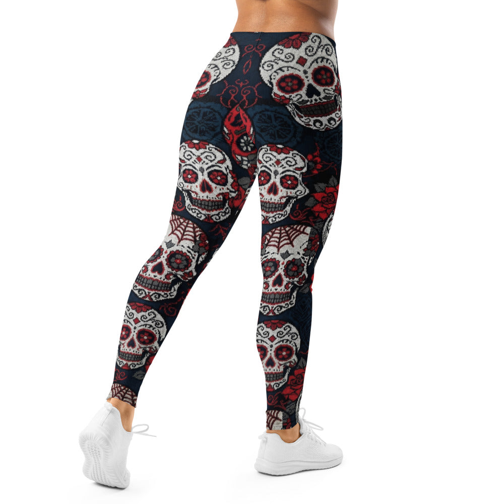 Personalisierte Damen Sportleggings Totenkopf Rosen Design Sugar Skull Fitnesshose Schwarz Rot L034