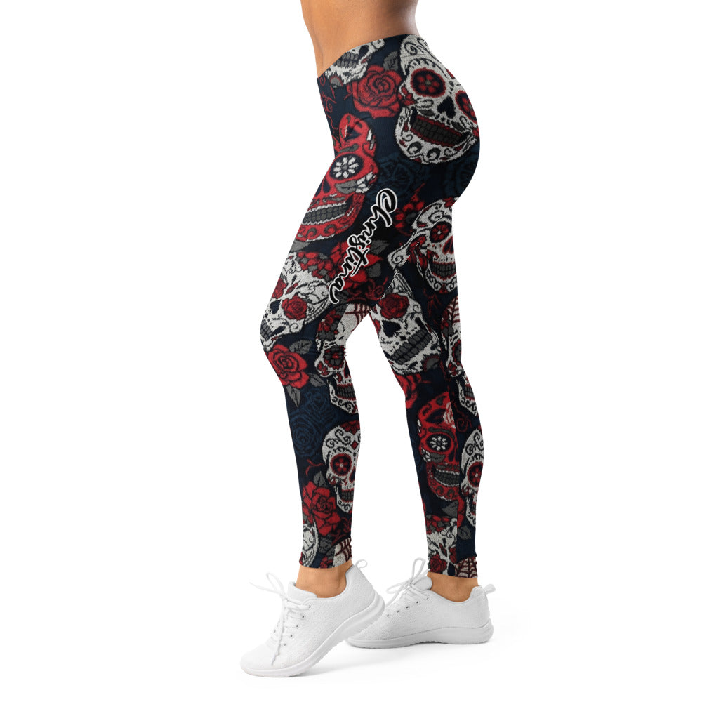 Personalisierte Damen Sportleggings Totenkopf Rosen Design Sugar Skull Fitnesshose Schwarz Rot L034