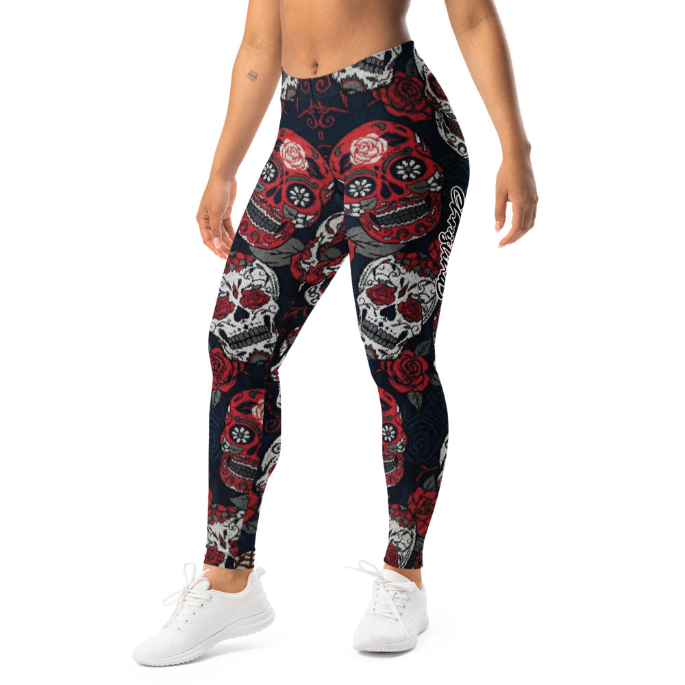 Personalisierte Damen Sportleggings Totenkopf Rosen Design Sugar Skull Fitnesshose Schwarz Rot L034