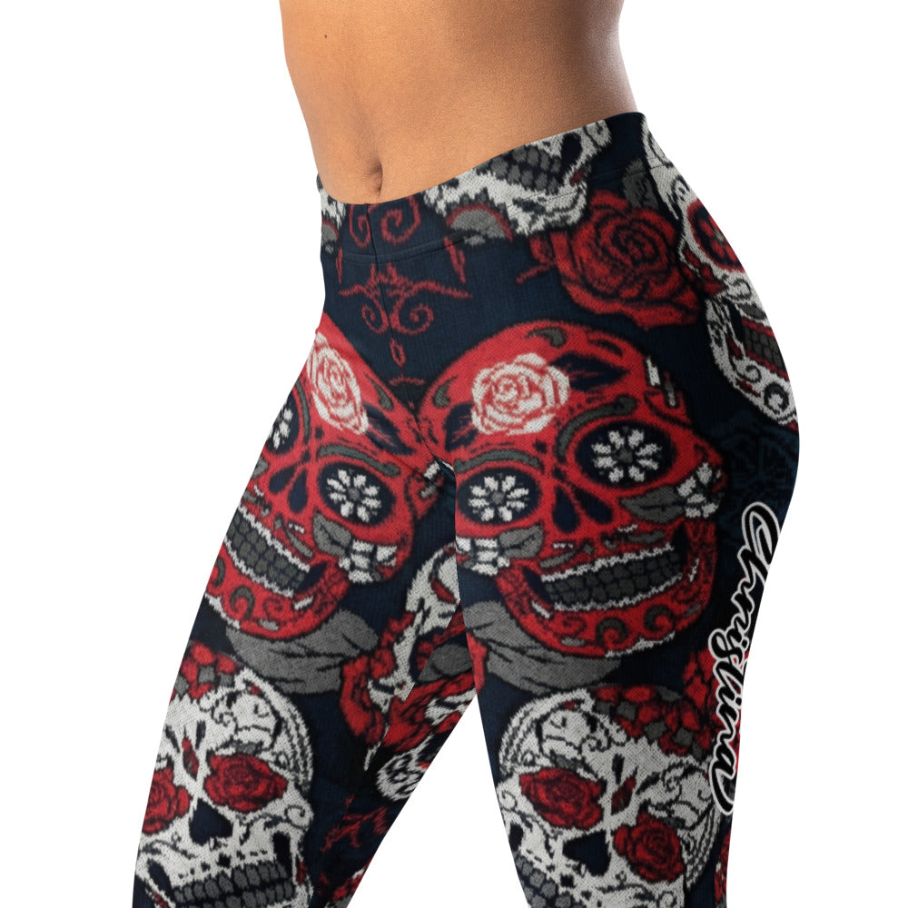 Personalisierte Damen Sportleggings Totenkopf Rosen Design Sugar Skull Fitnesshose Schwarz Rot L034