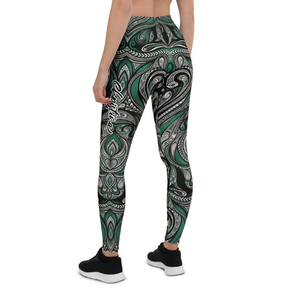 Personalisierte Damen Sportleggings Tribal Ornament Design Grün Schwarz Fitness Yoga Leggings J487