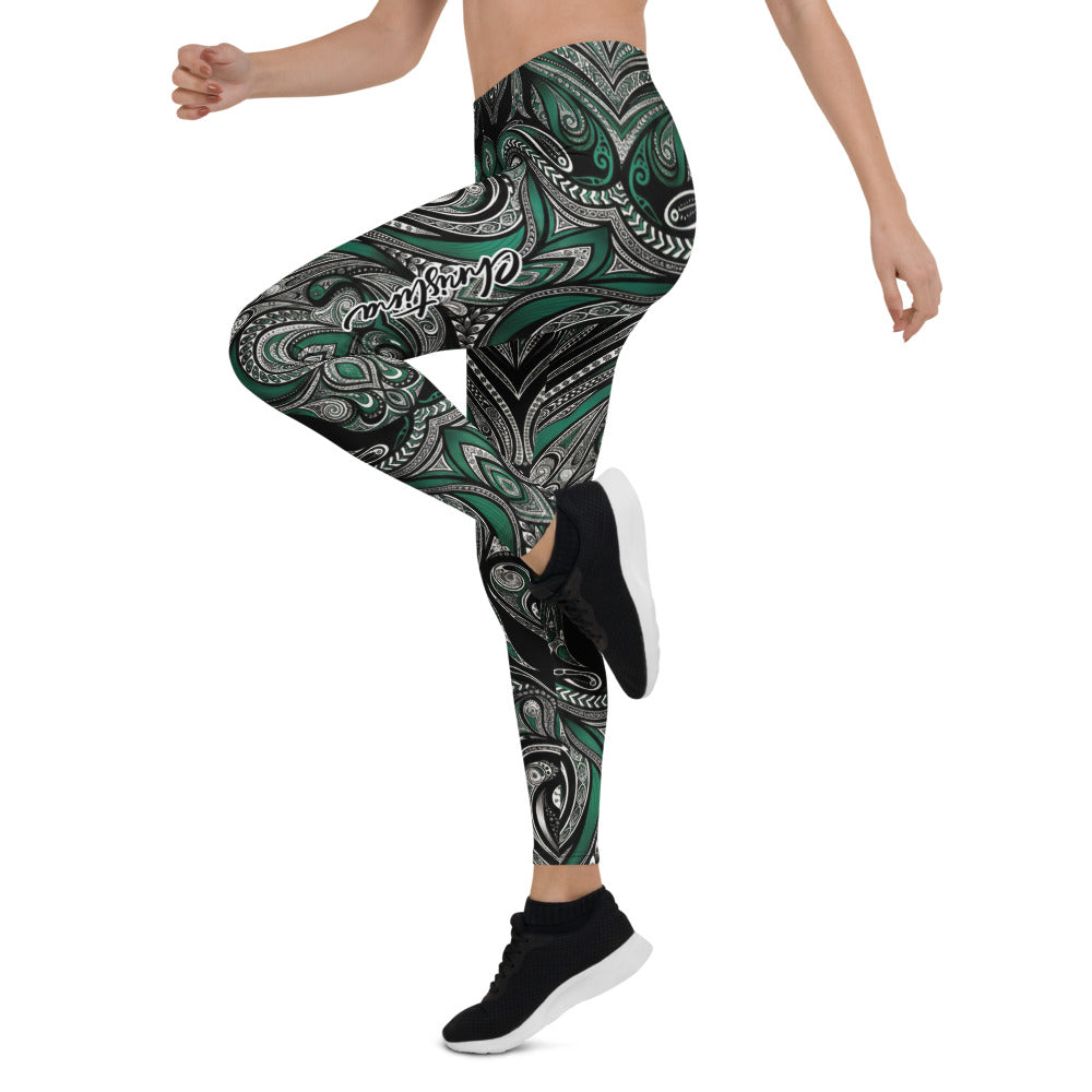 Personalisierte Damen Sportleggings Tribal Ornament Design Grün Schwarz Fitness Yoga Leggings J487