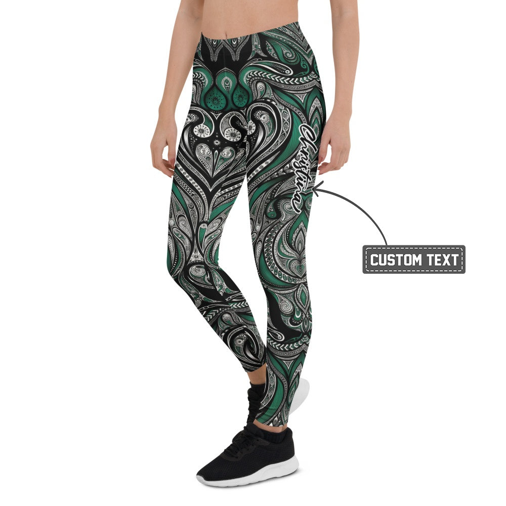 Personalisierte Damen Sportleggings Tribal Ornament Design Grün Schwarz Fitness Yoga Leggings J487 - XL