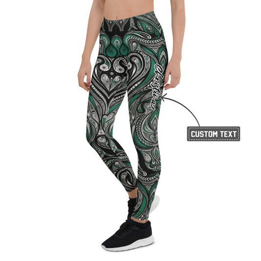 Personalisierte Damen Sportleggings Tribal Ornament Design Grün Schwarz Fitness Yoga Leggings J487 - XL