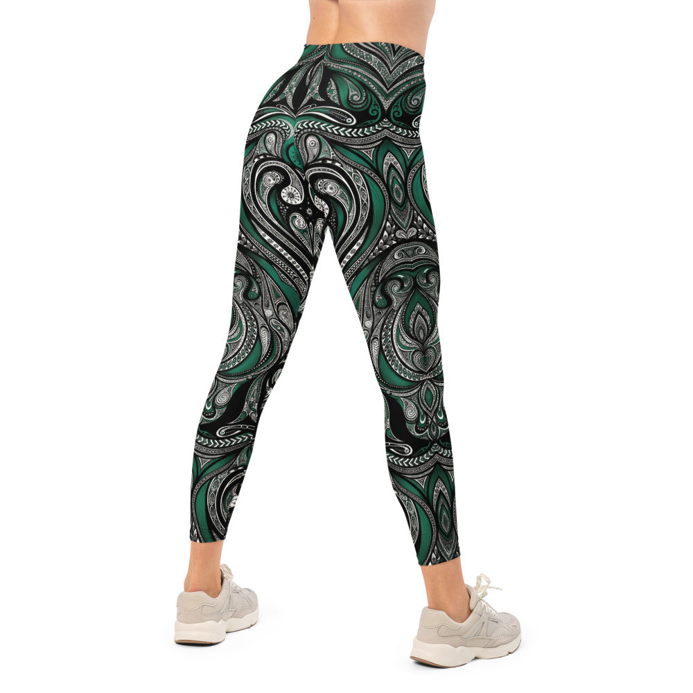 Personalisierte Damen Sportleggings Tribal Ornament Design Grün Schwarz Fitness Yoga Leggings J487