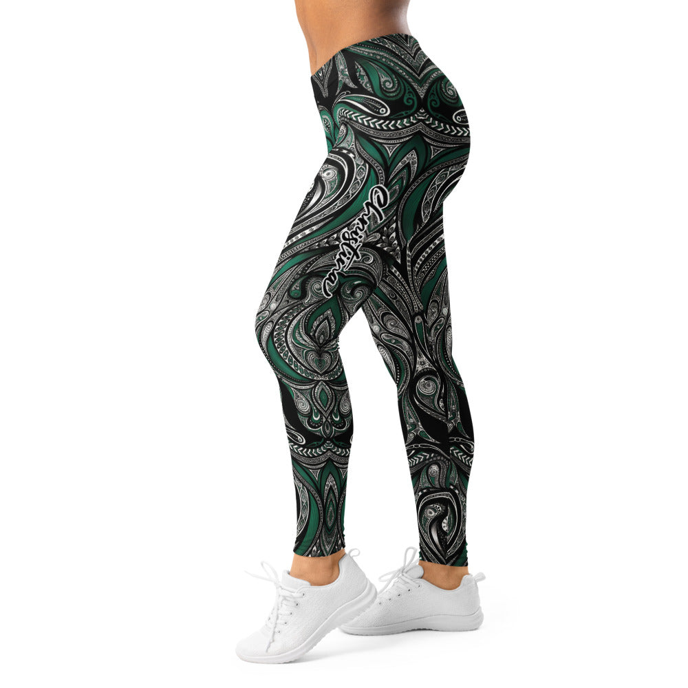 Personalisierte Damen Sportleggings Tribal Ornament Design Grün Schwarz Fitness Yoga Leggings J487