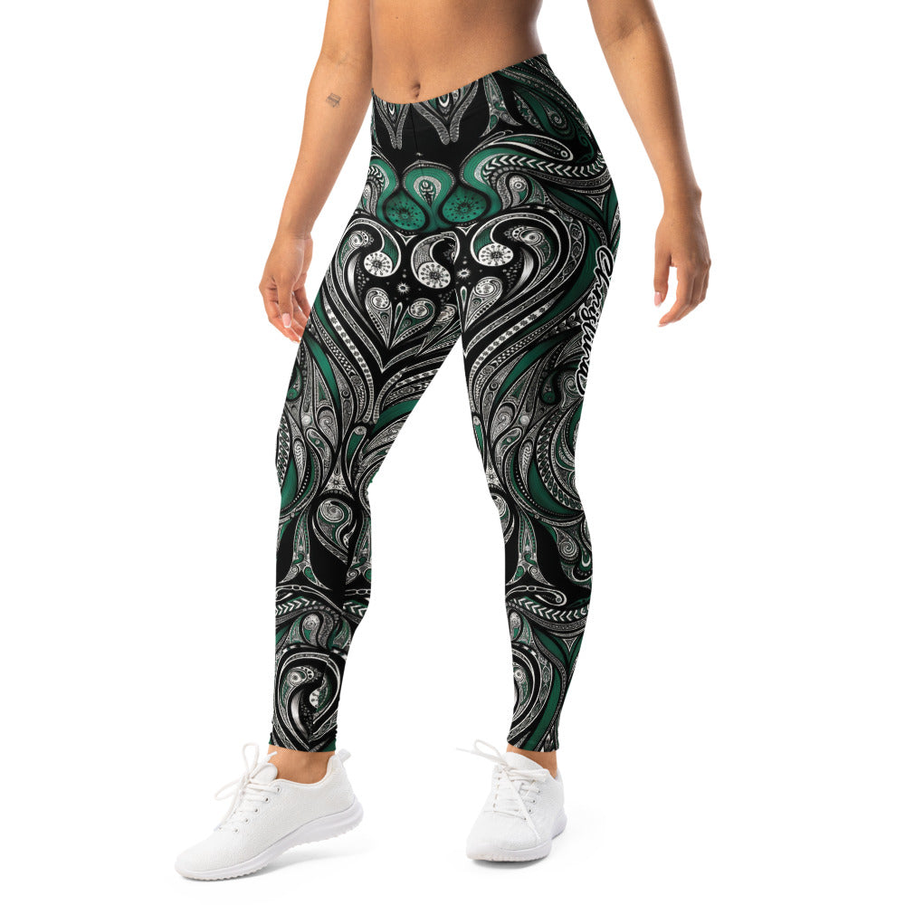 Personalisierte Damen Sportleggings Tribal Ornament Design Grün Schwarz Fitness Yoga Leggings J487
