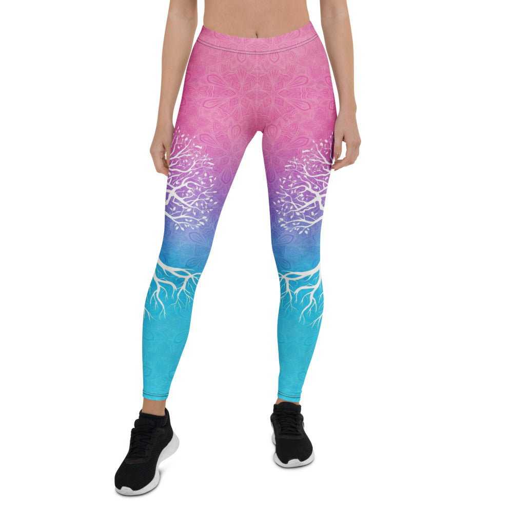 Personalisierte Damen Sportleggings Lebensbaum Motiv Pink Blau Farbverlauf Yoga Fitness Hose E572