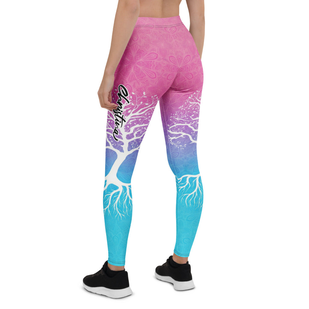Personalisierte Damen Sportleggings Lebensbaum Motiv Pink Blau Farbverlauf Yoga Fitness Hose E572