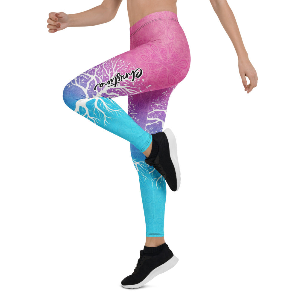 Personalisierte Damen Sportleggings Lebensbaum Motiv Pink Blau Farbverlauf Yoga Fitness Hose E572