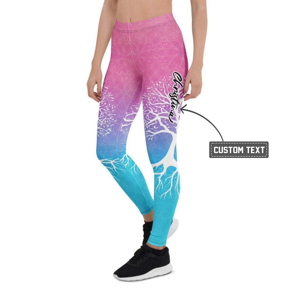 Personalisierte Damen Sportleggings Lebensbaum Motiv Pink Blau Farbverlauf Yoga Fitness Hose E572 - XL