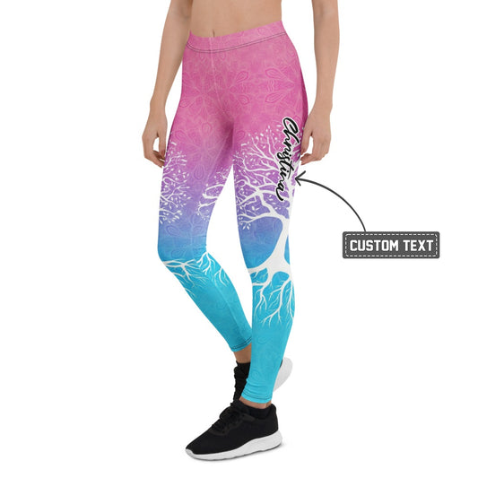 Personalisierte Damen Sportleggings Lebensbaum Motiv Pink Blau Farbverlauf Yoga Fitness Hose E572 - XL