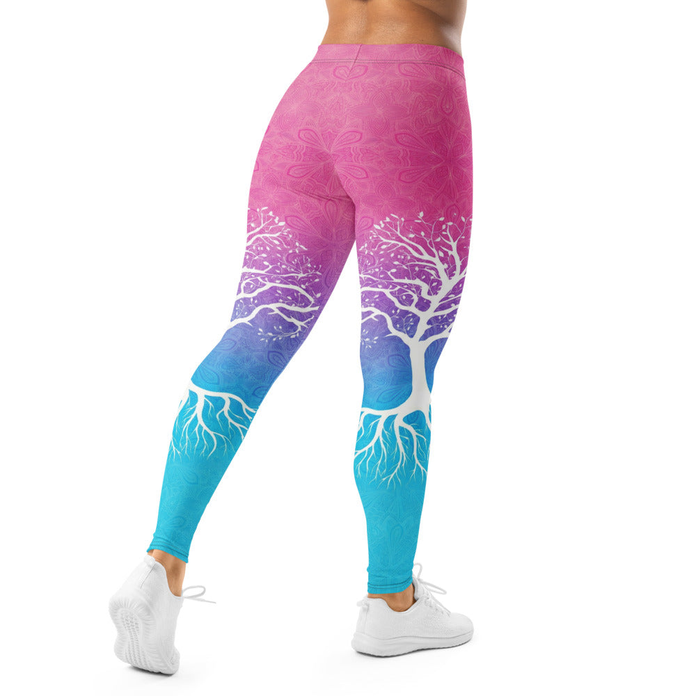 Personalisierte Damen Sportleggings Lebensbaum Motiv Pink Blau Farbverlauf Yoga Fitness Hose E572
