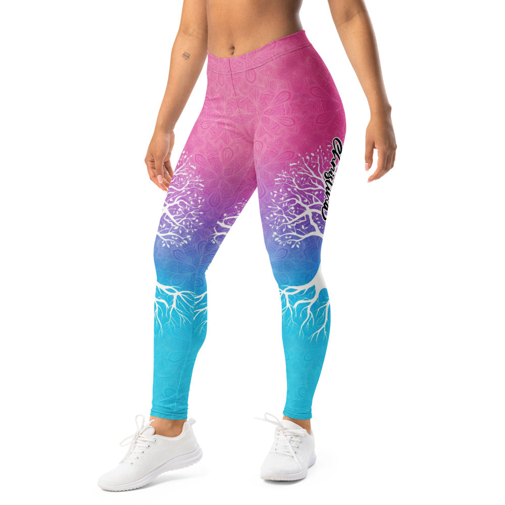 Personalisierte Damen Sportleggings Lebensbaum Motiv Pink Blau Farbverlauf Yoga Fitness Hose E572