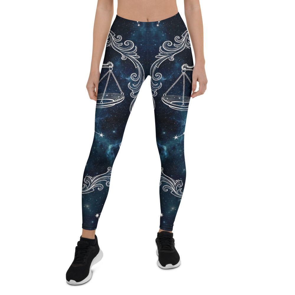 Personalisierte Sportleggings Damen Sternzeichen Waage Galaxy Design Blau Weiß Fitnesshose B406