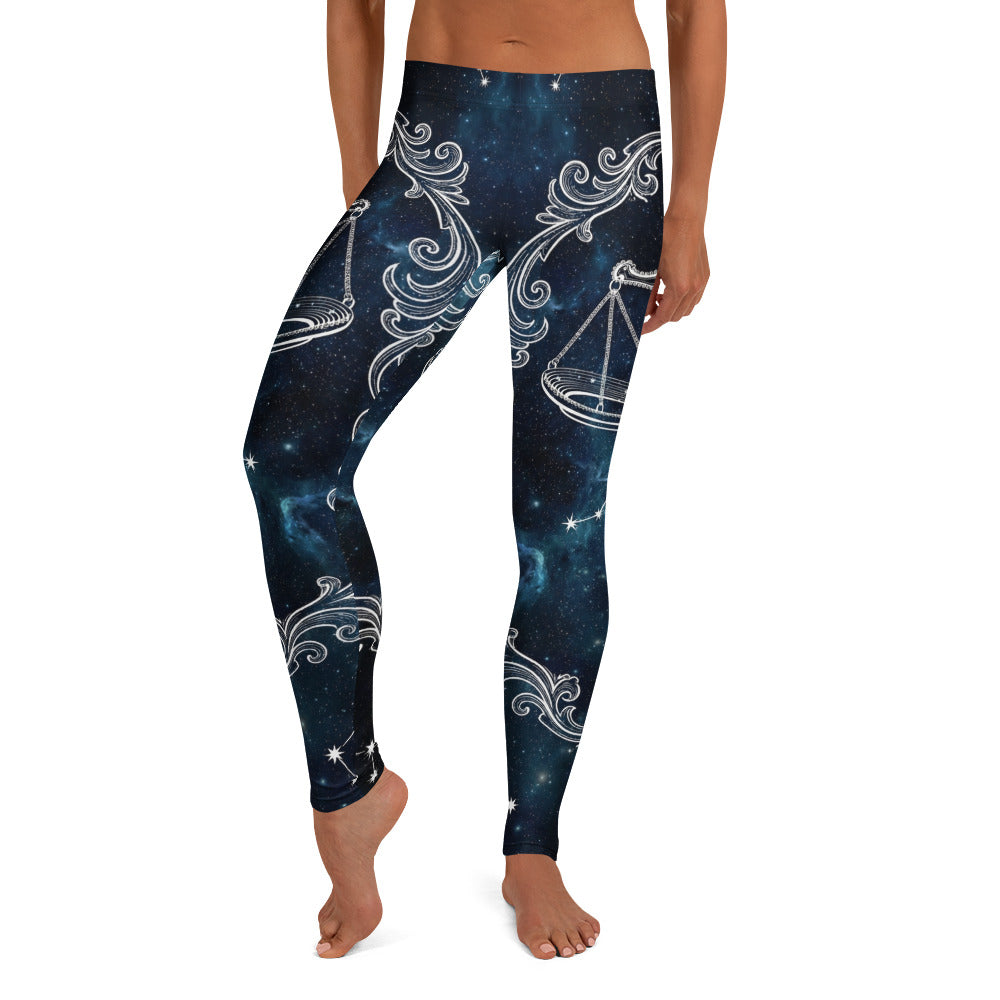 Personalisierte Sportleggings Damen Sternzeichen Waage Galaxy Design Blau Weiß Fitnesshose B406