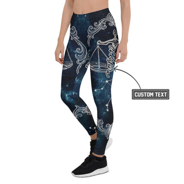 Personalisierte Sportleggings Damen Sternzeichen Waage Galaxy Design Blau Weiß Fitnesshose B406 - XL
