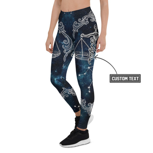 Personalisierte Sportleggings Damen Sternzeichen Waage Galaxy Design Blau Weiß Fitnesshose B406 - XL