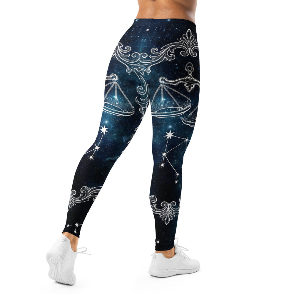 Personalisierte Sportleggings Damen Sternzeichen Waage Galaxy Design Blau Weiß Fitnesshose B406