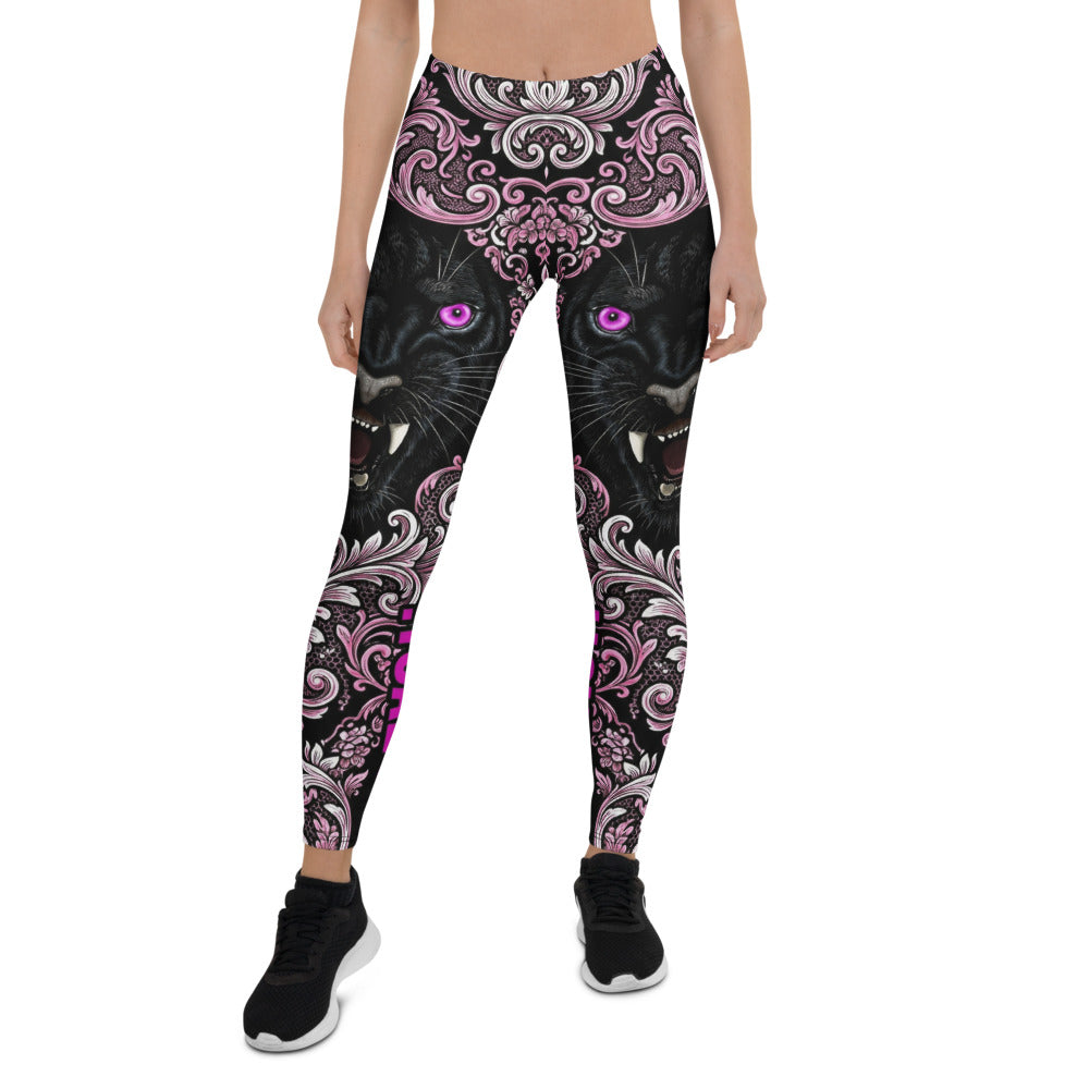 Personalisierte Damen Sportleggings Panther Design Barock Muster Schwarz Pink Fitness Leggings O606