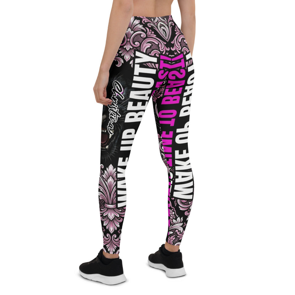 Personalisierte Damen Sportleggings Panther Design Barock Muster Schwarz Pink Fitness Leggings O606