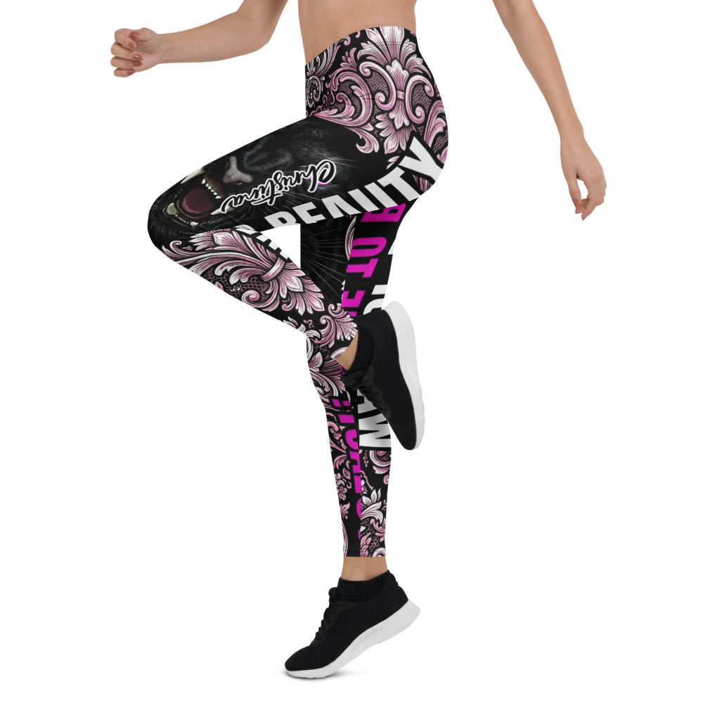 Personalisierte Damen Sportleggings Panther Design Barock Muster Schwarz Pink Fitness Leggings O606