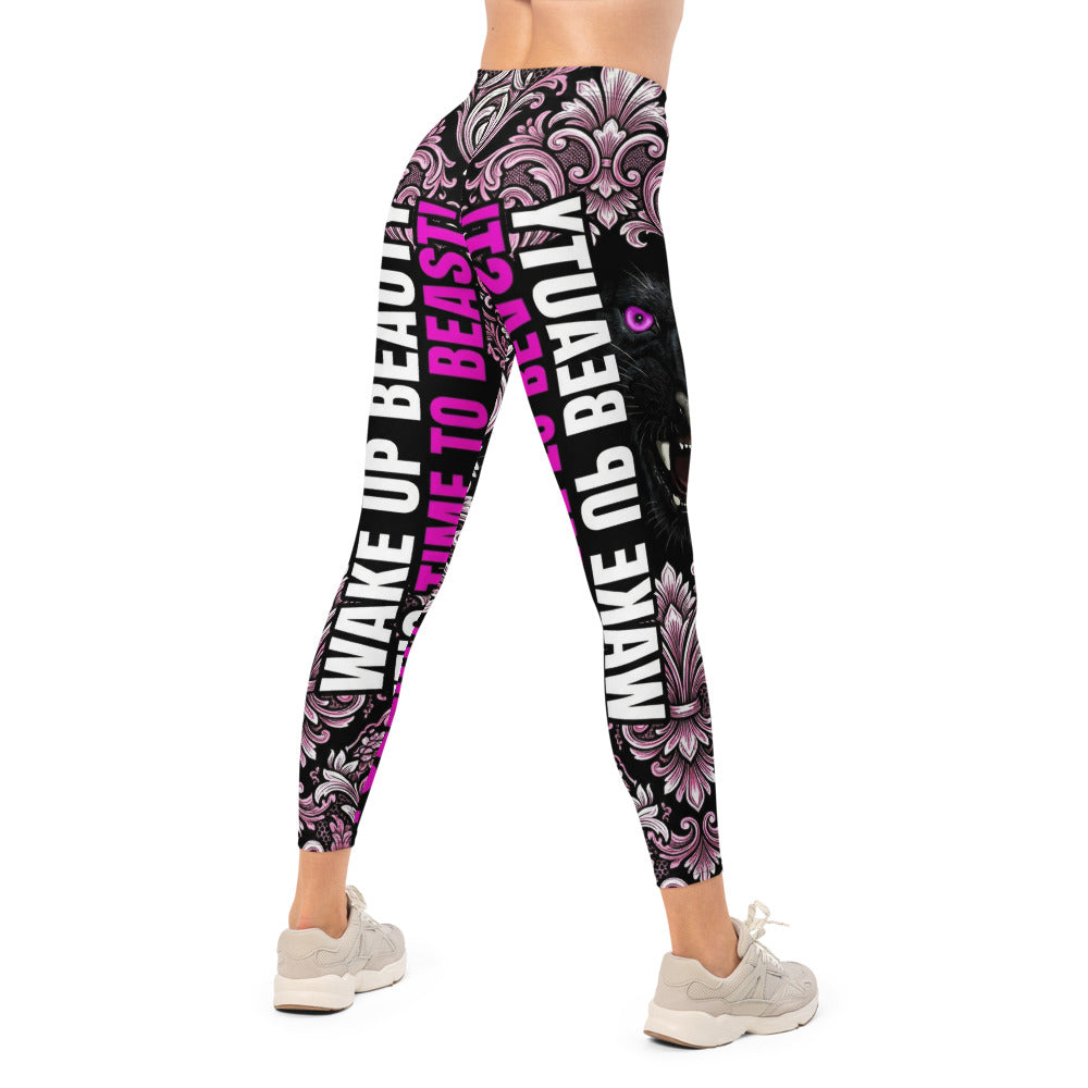 Personalisierte Damen Sportleggings Panther Design Barock Muster Schwarz Pink Fitness Leggings O606