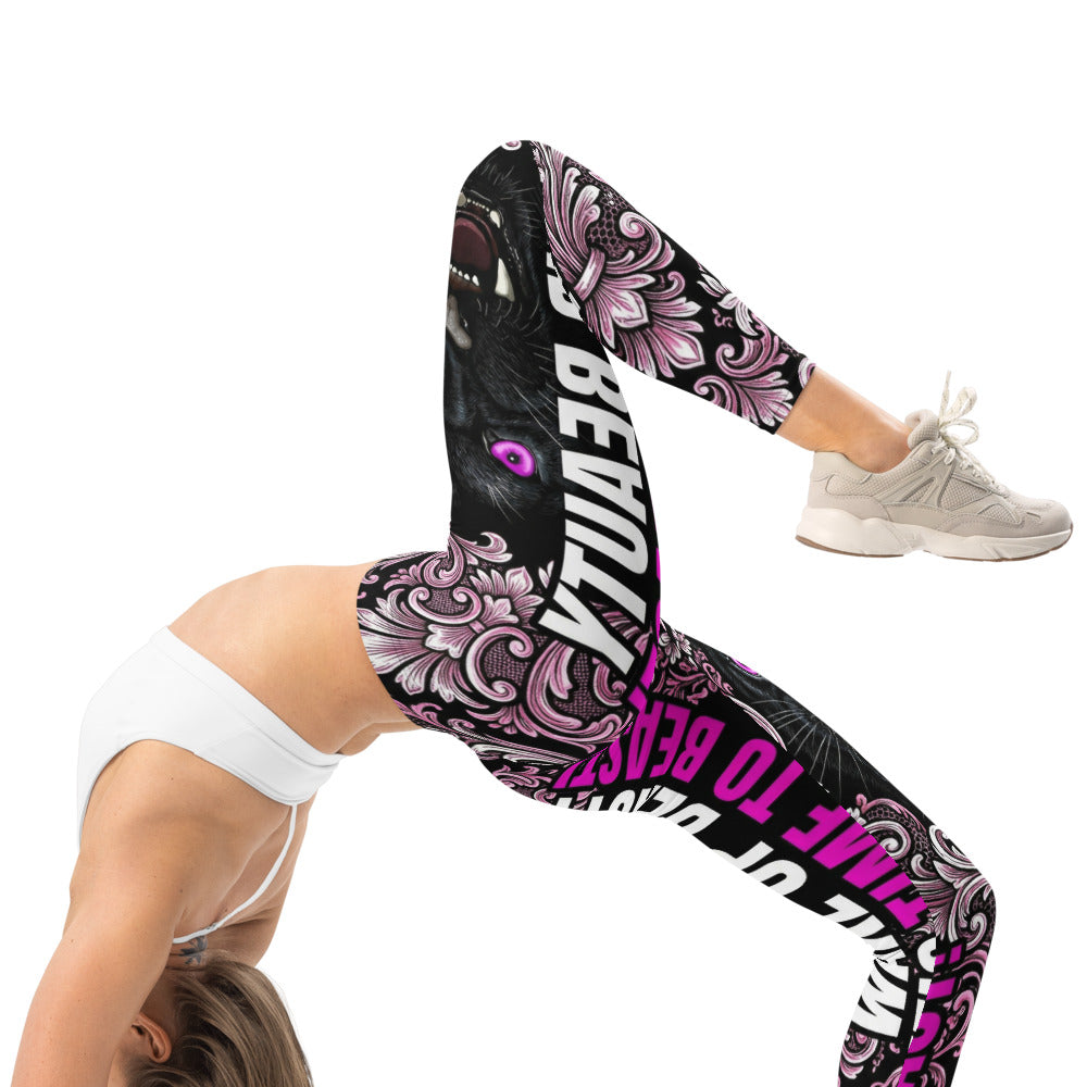 Personalisierte Damen Sportleggings Panther Design Barock Muster Schwarz Pink Fitness Leggings O606