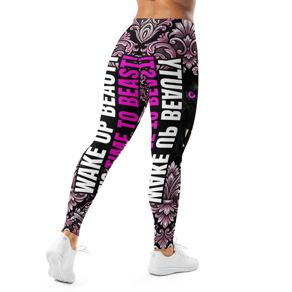 Personalisierte Damen Sportleggings Panther Design Barock Muster Schwarz Pink Fitness Leggings O606