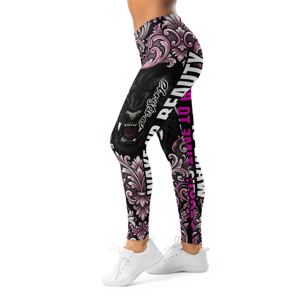 Personalisierte Damen Sportleggings Panther Design Barock Muster Schwarz Pink Fitness Leggings O606
