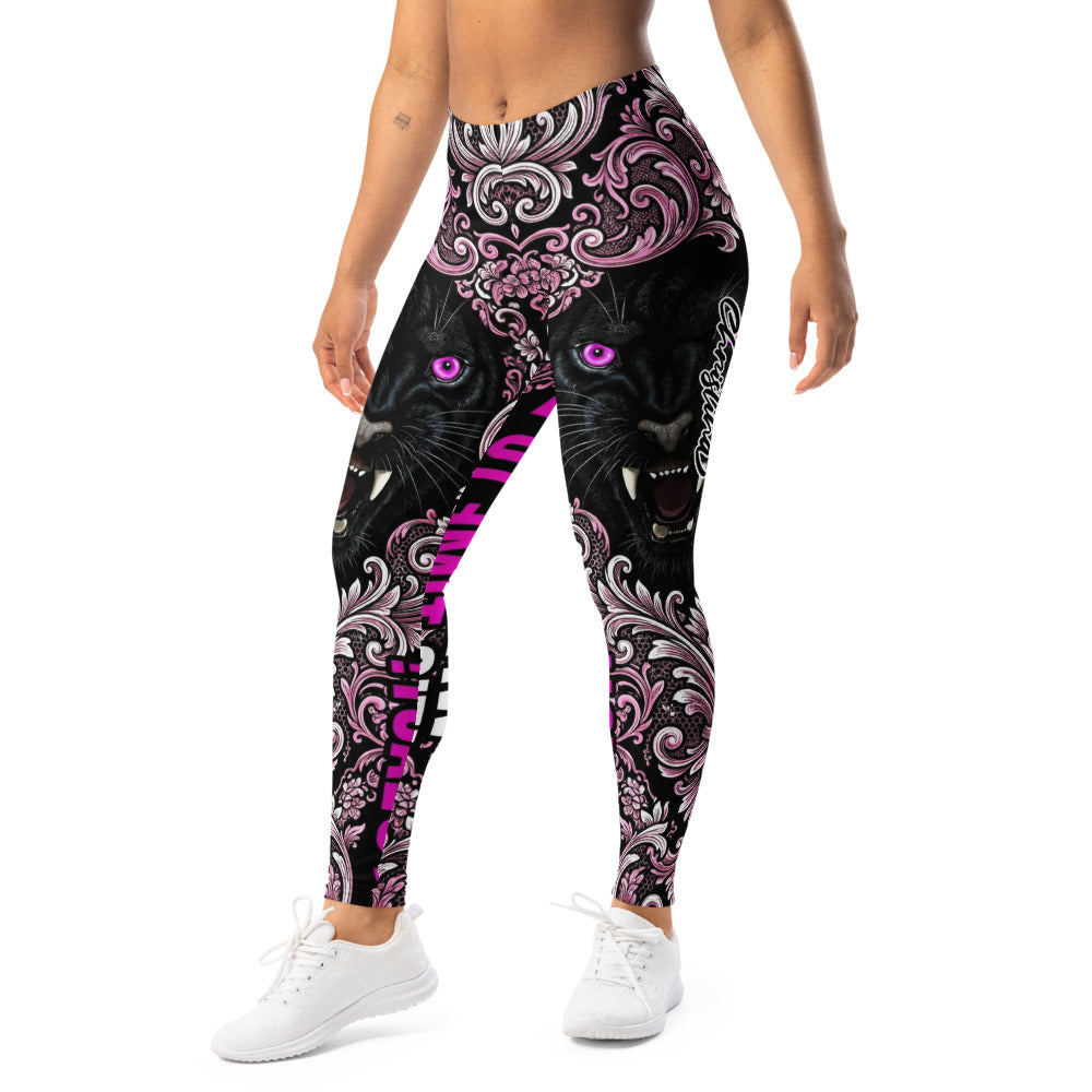Personalisierte Damen Sportleggings Panther Design Barock Muster Schwarz Pink Fitness Leggings O606