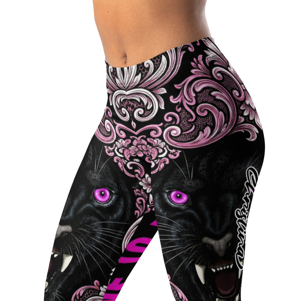 Personalisierte Damen Sportleggings Panther Design Barock Muster Schwarz Pink Fitness Leggings O606